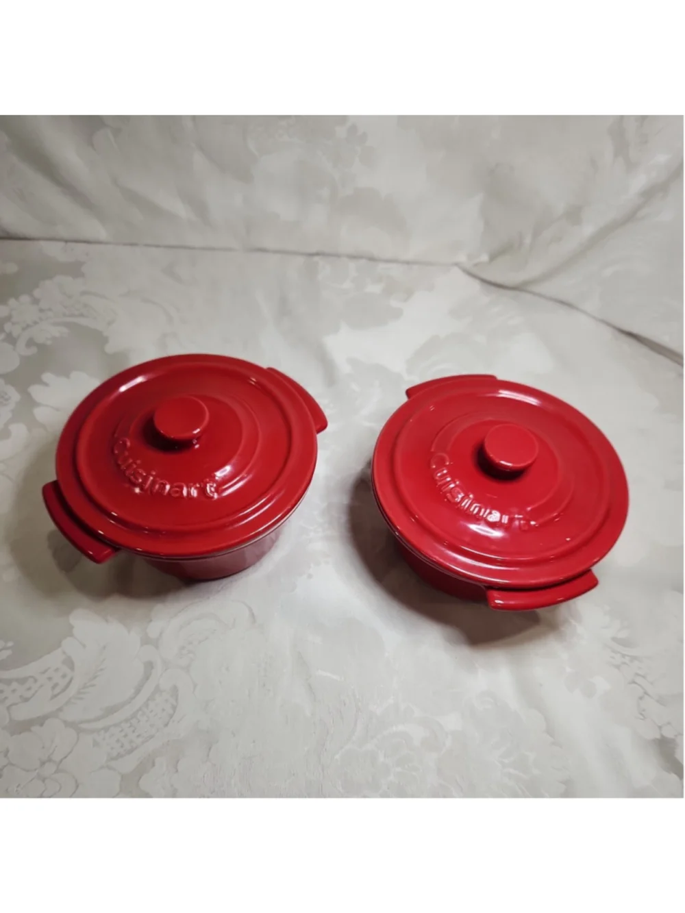 2 Mini CUISINART RED CERAMIC BAKEWARE Casseroles Ramekins W LID 10 Oz